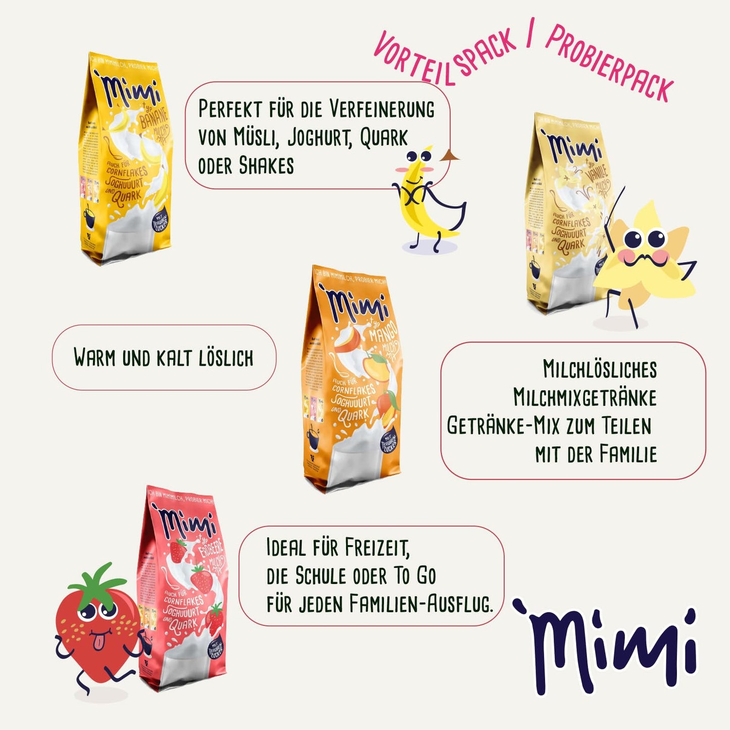 MIMI 4 x 400g Milchmix Getränkepulver und 3 x 200g Sommer Shake - Probierpack